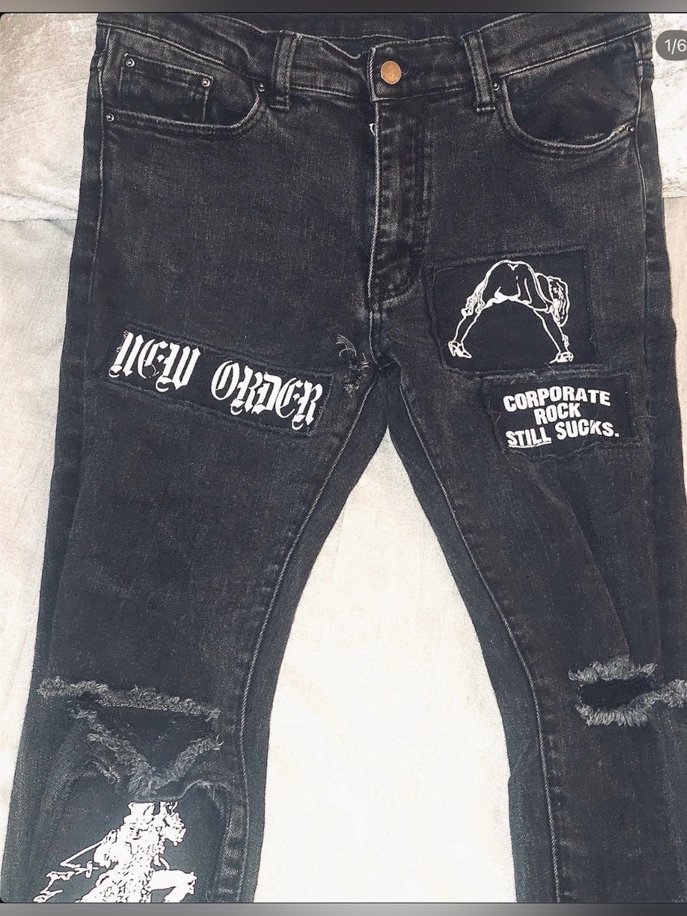 MNML Black Skinny Jeans with 'The Death of Punk' Patch and Checkerboard
